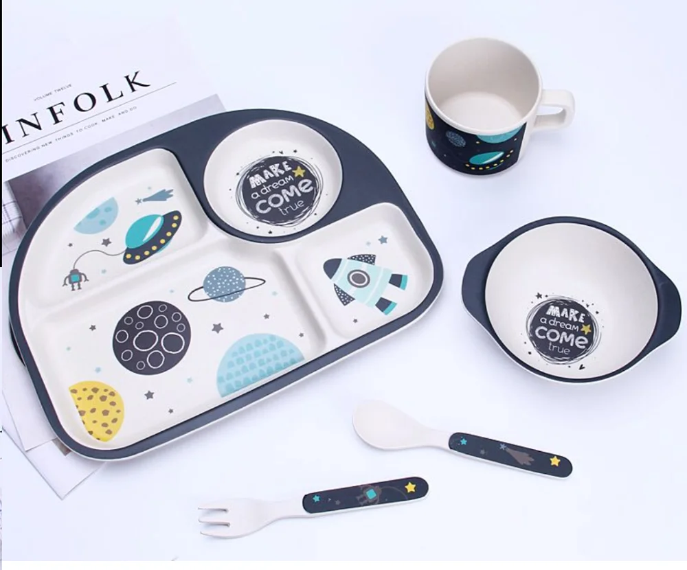 Bamboo tableware, dinner set for children, 5in1, eco-friendly tableware, bamboo fiber, for kids, gifts, Cosmos, Bee, Batman