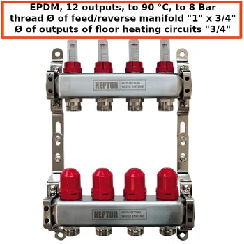 

Сollector for warm water underfloor heating Neptun IWS 1"х 3/4" with flowmeters stainless steel 12 outputs collector warm floor