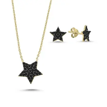 

Angemiel 925 Silver Black Zircon Stone Star Set-Gold Plated