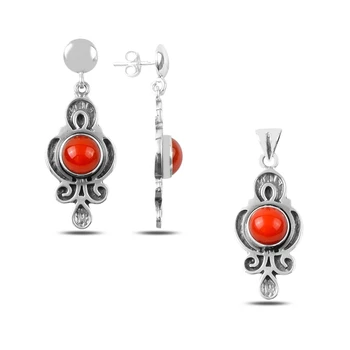 

Kutaydan Coral Stone Handwork 925 Sterling Silver Set Made in Turkey