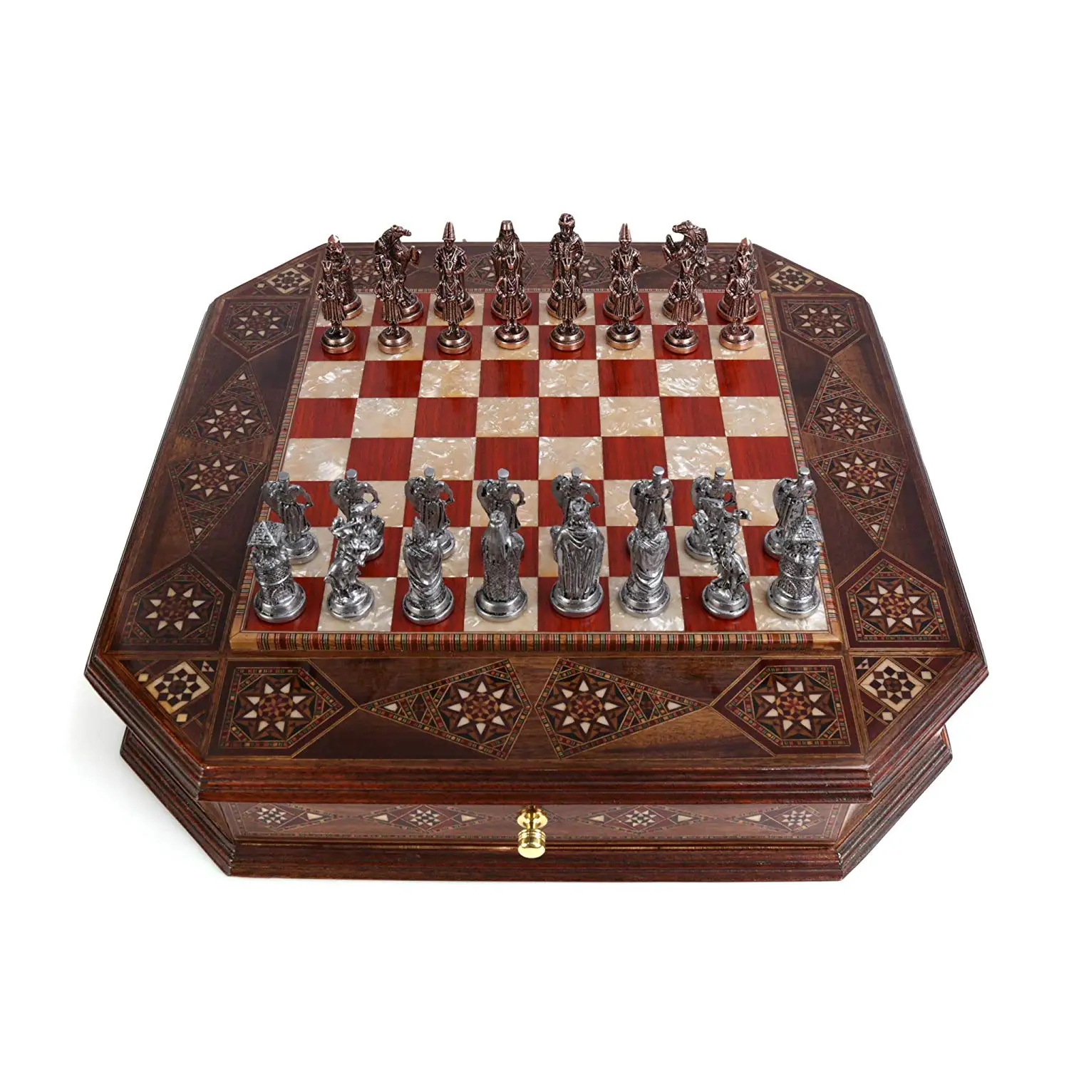 US $499.90 Ottoman vs Byzantine Antique Copper Figures Metal Chess Set Handmade Pieces Natural Solid Wooden Chess Board Storage Inside 7 cm