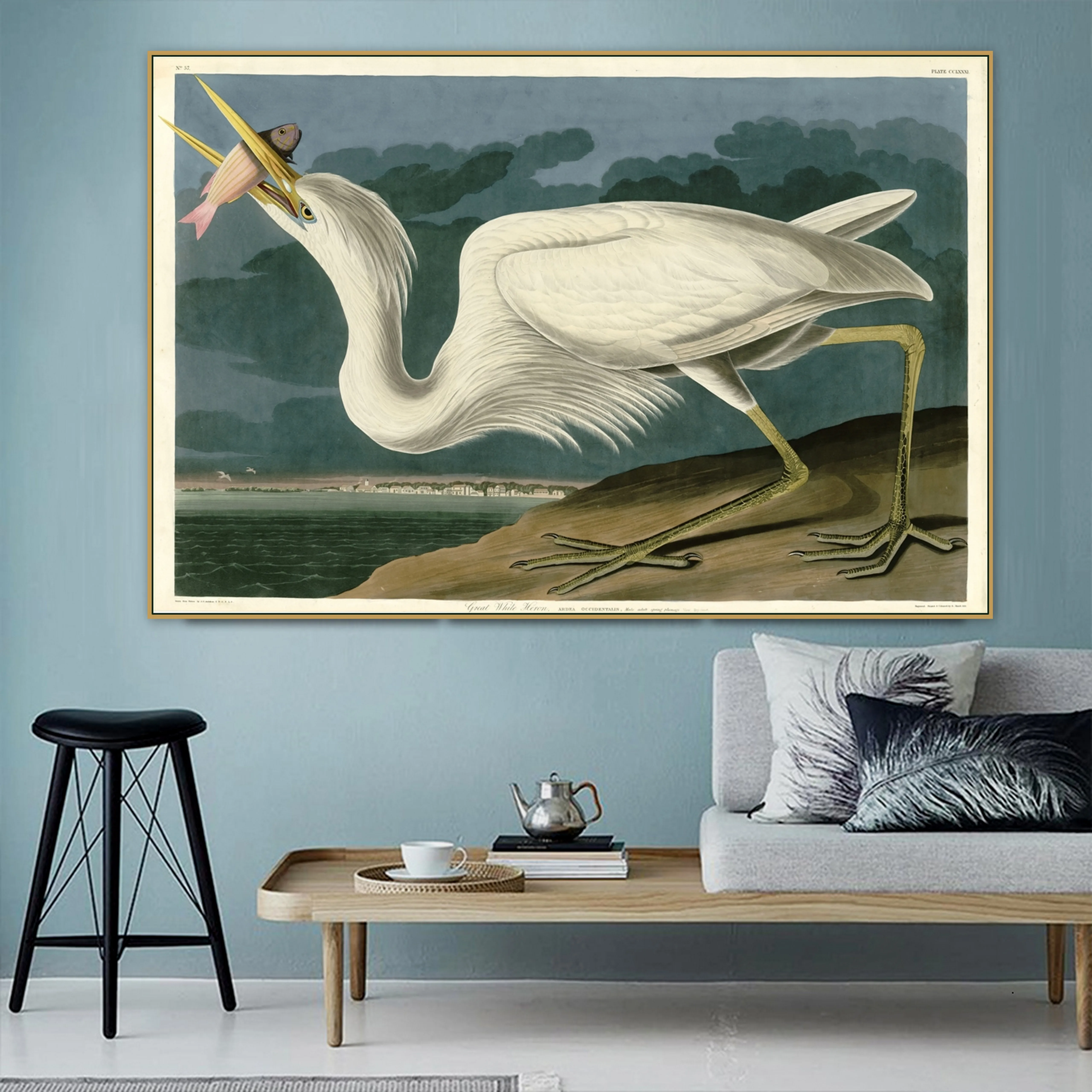 Джон Джей. Audubon старый знаменитый мастер художник большой белый холст Heron