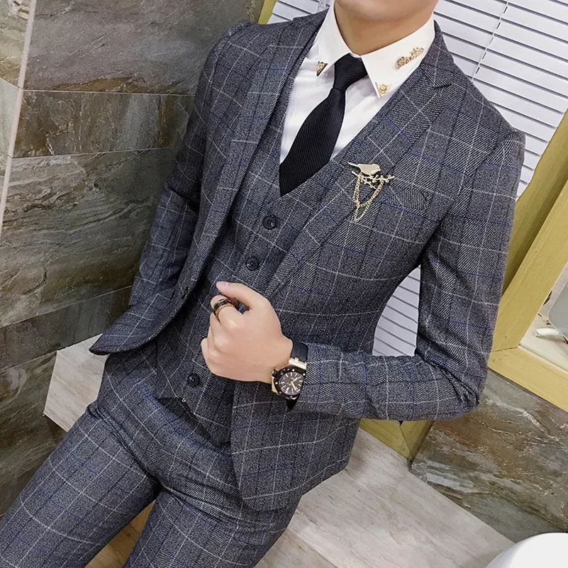 買蔵 ブランド メンズジャケット ベストパンツハイエンドスーツブランドの市松模様のドレス結婚式 メンズクラシックチェック柄カジュアルビジネススーツ Suits 最も激安 Sivagangaimc Com