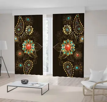 

Curtain Ethnic Pattern of Gold and Bronze Decorated with Turquoise and Jasper on Dark Background Jewelry Art Printed