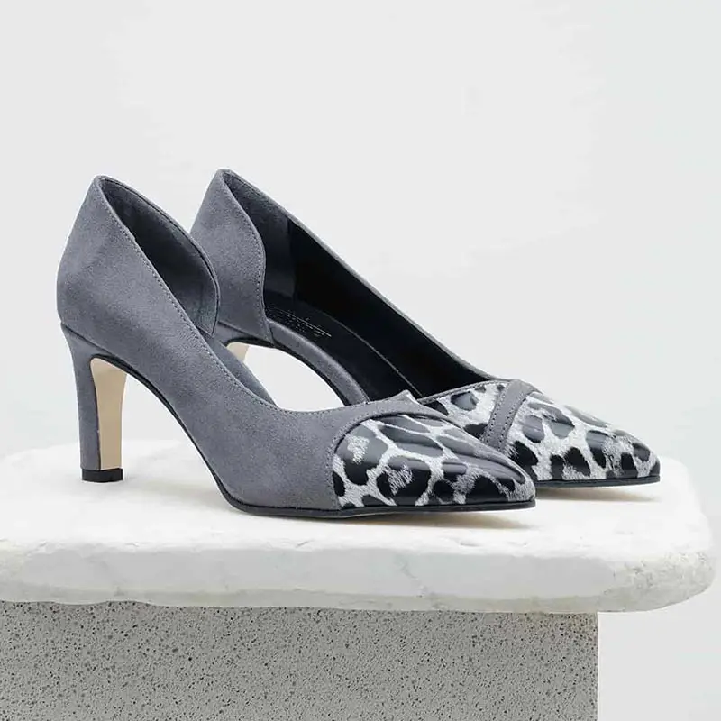 Mio Gusto Brand FRANCES, 6Cm Short Heel, Gray and Black Colors, Leopard Patterned Suede, high Quality, Women's Stiletto Pumps.