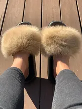 Zapatillas esponjosas de piel de zorro peludo para mujer, zapatos planos antideslizantes, lisos, de talla grande, sandalias de piel, Envío Gratis