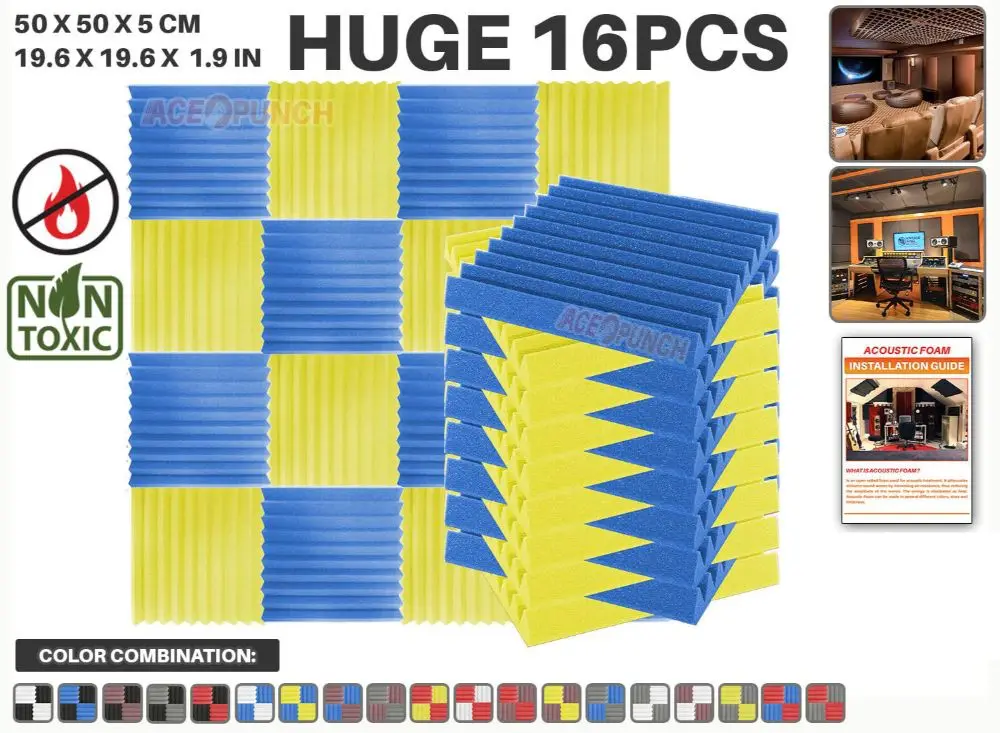 Blue and Yellow Arrowzoom 16 шт Упаковка цветовая комбинация 19," x 19,6" x 1," клиновая плитка студия Звукопоглощающая Панель акустическая обработка пены - Цвет: Blue and Yellow