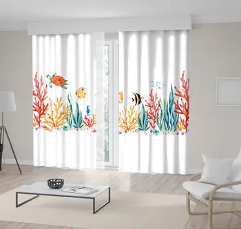 

Curtain Turtle Seaweed Coral Reef Fish Seahorse Underwater Creature Life in Ocean Art Red Yellow Green