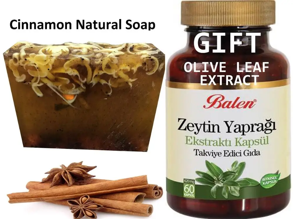 

Anti Acne Cinnamon Natural Handmade Soaps 100 gr+ Gift Olive Leaf Extract 60 Capsules antioxidant antihypertensive