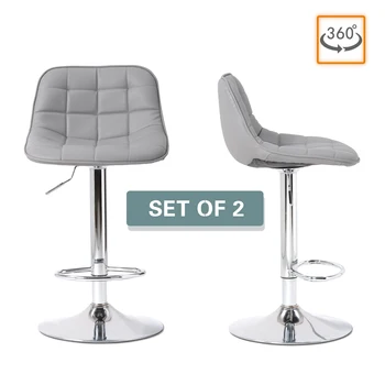 

2X Grey Bar Stools with Back Rest Faux Leather Seat Adjustable Height Swivel Chrome Frame Breakfast Kitchen Chair Dining Counter