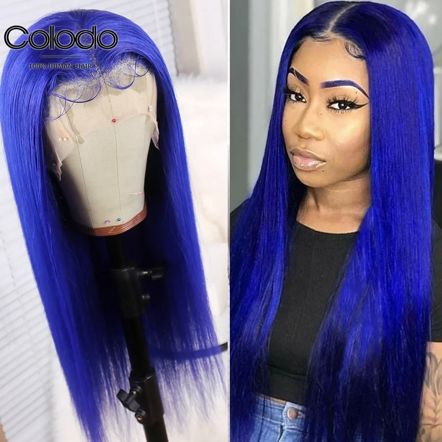 COLODO Glueless 13x6 прямой парик на кружеве прозрачный кружевной предварительно сорванный синий Remy бразильские человеческие волосы парики для черных женщин