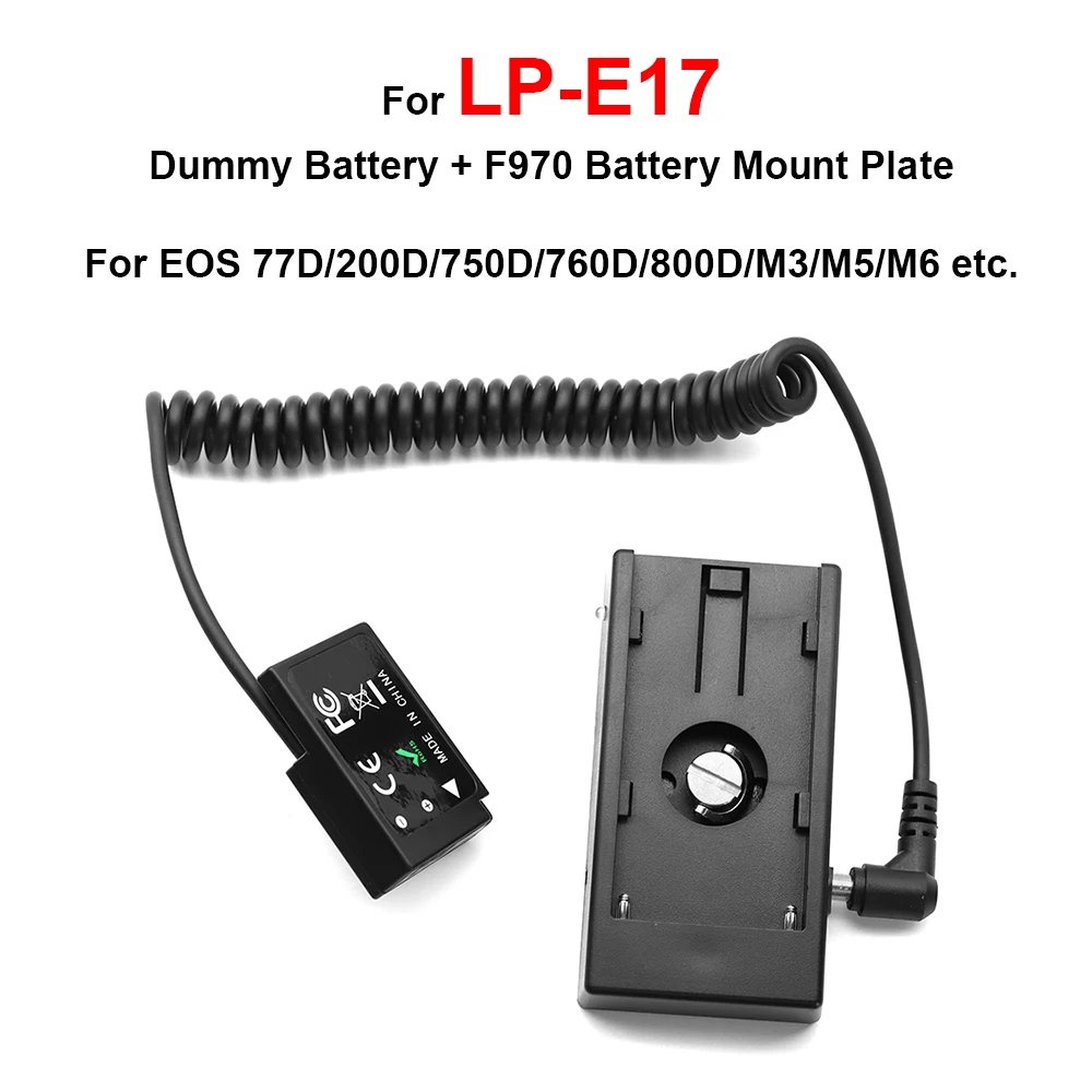 

LP-E17 Dummy Battery DC Coupler DR-E18 + F970 Battery Mount Plate Half Decoding for Canon 77D/200D/750D/760D/800D/M3/M5/M6 etc.
