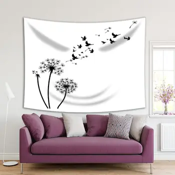 

Tapestry Dandelion Flying with Seeds Silhouette Summer Wild Plant Artistic Illustration Black and White