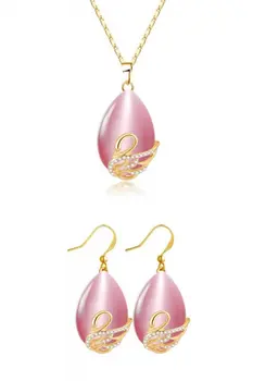 

Angemiel Pink Swan Figure Gemstone Necklace Earrings Jewelry Set