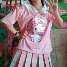 Camiseta japonesa de manga corta con estampado de dibujos animados para mujer, blusa rosa con cuello de muñeca, playera holgada suave para chica