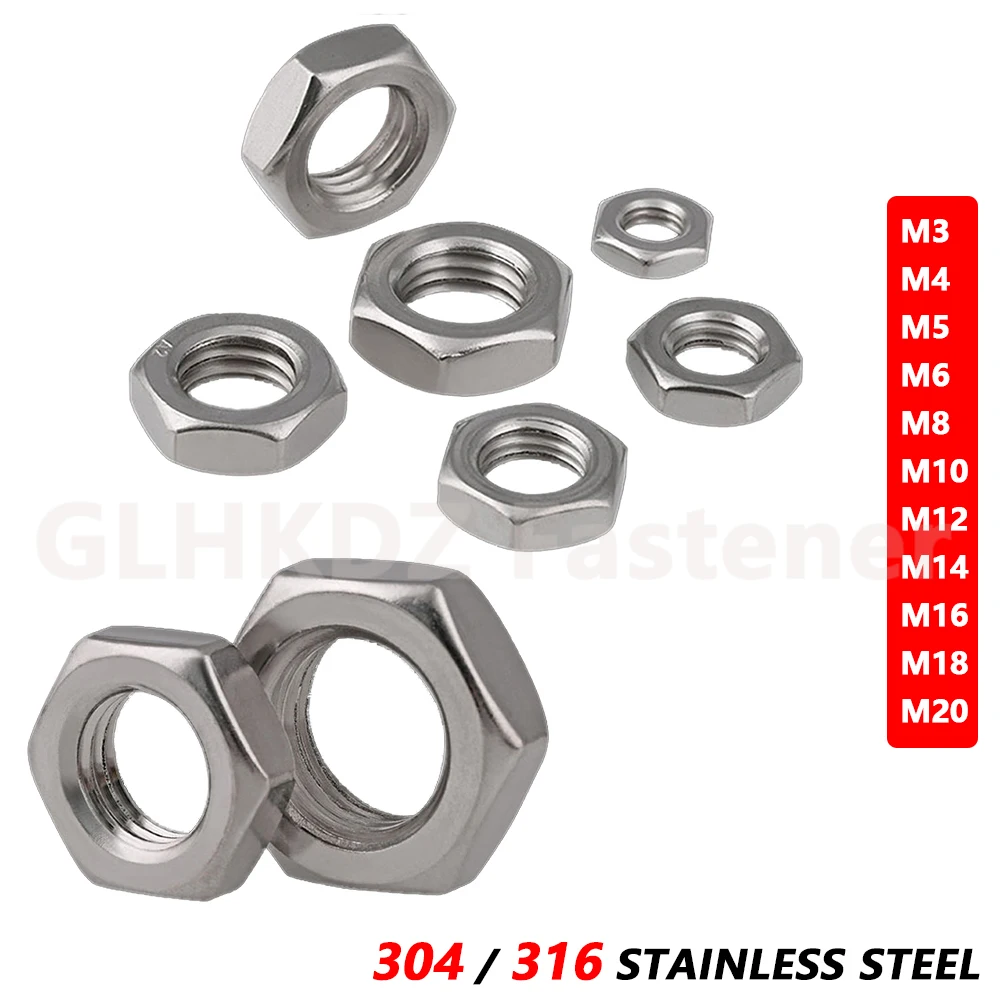 1-50pc M3 M4 M5 M6 M8 M10 M12 M14-M20 육각 너트 육각 너트 잼 너트 하프 록 너트 304 A2 316 A4 스테인리스 DIN439