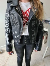 Jacket Punk Biker-Coat Rivets Leather Short Letters-Print Motorcycle Women Outwear Ailegogo