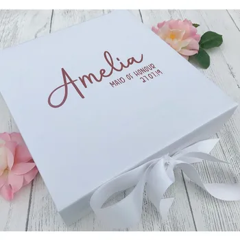 

Personalised boxes for love，name and date，Wedding ，White and rose gold personalised bridesmaid gift box, custom maid of honour
