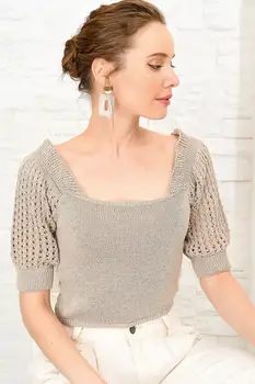 

Trend Alacati Style Women Square Collar Hole Handwork Knitwear Bluz ALC-X4052