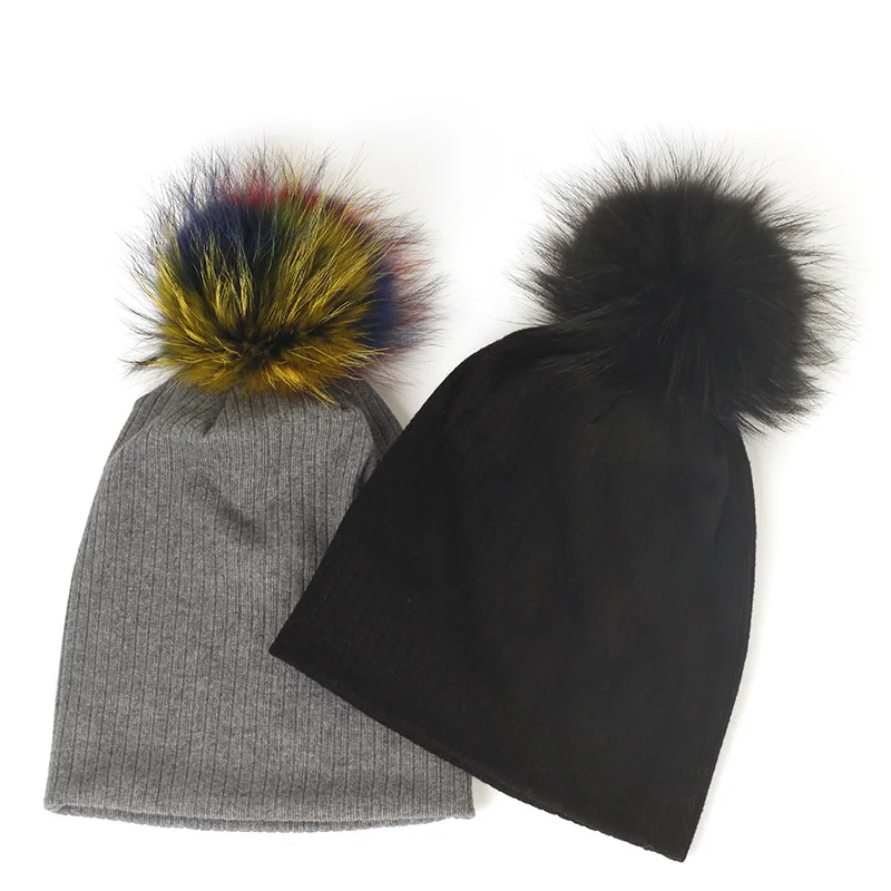 

Geebro Women Fashion New Ribbing Soft Beanies Solid Color Elastic Hats Lady Casual Winter Warm Cap Baggy With Real Pompom Bonnet