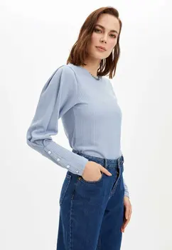 

DeFacto Woman Long Sleeve T-Shirt Women Spring Casual Knitted Tshirts Women Light Blue Stylish Tshirt Tops-N2726AZ20SP
