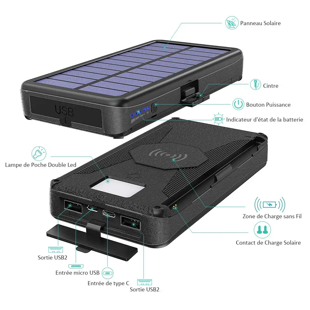Внешний аккумулятор Power Bank с беспроводной зарядкой Qi, фонарем, 3 солнечные панели 20000mAh(Черный