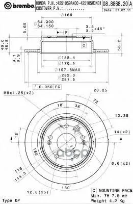 Диск Тормозной Honda: Cr-V Ii 2.0/2.4 Vtec 01-06 Brembo арт. 08.8868.20