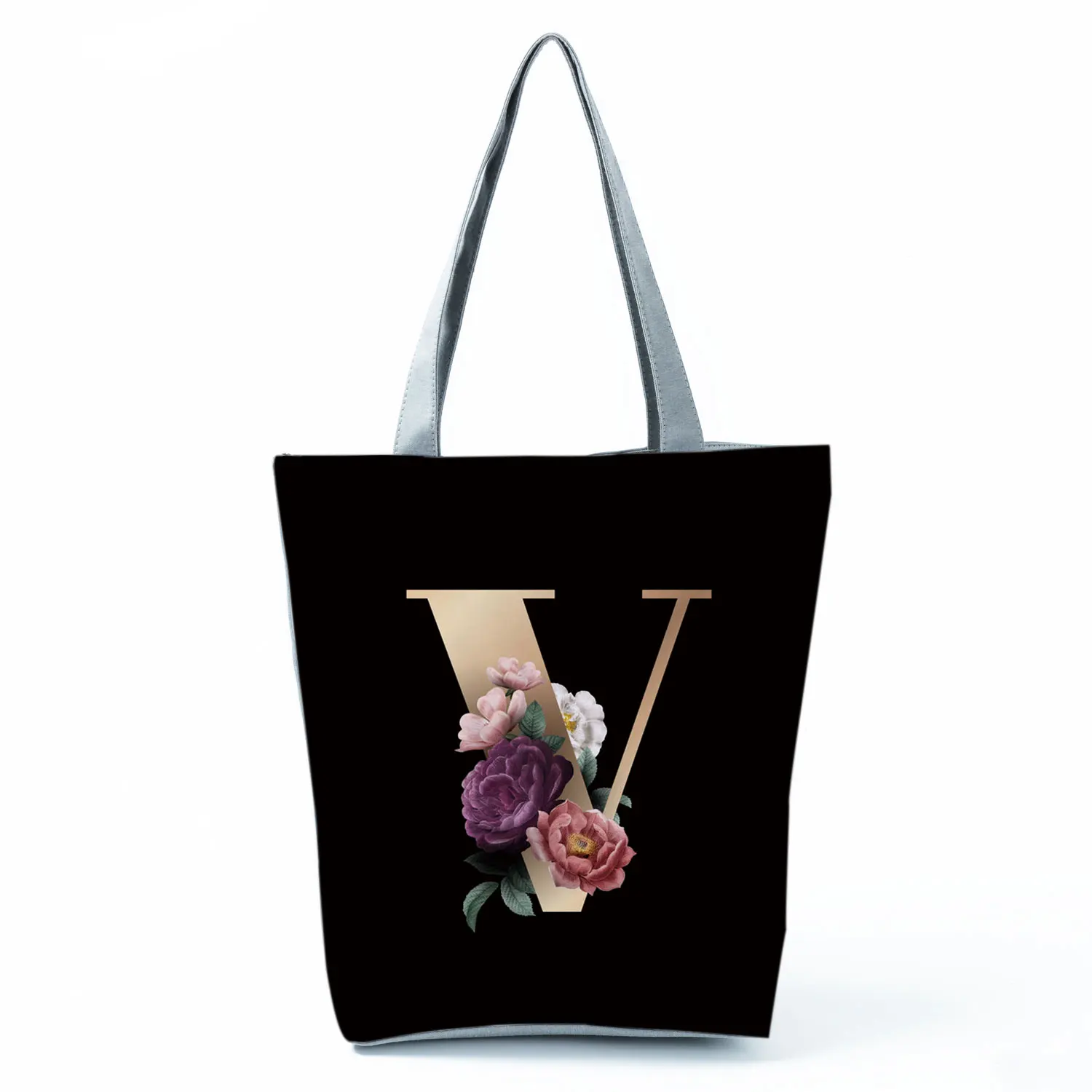 Gold Letter Floral Printing Black Shopping Bag Ladies All-match Handbag Foldable Shopper Harajuku Style Bag Eco Student Tote Bag 