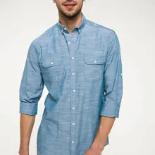 DeFacto модная мужская повседневная синяя джинсовая рубашка с отворотным воротником, с длинным рукавом, с двумя нагрудными карманами, однотонный мужской топ, Shirt-I3928AZ18SM