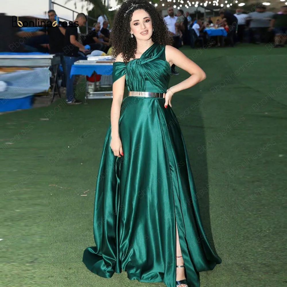 

Bbonlinedress Green Evening Dress 2020 Satin A-Line Split Elegant Prom Dresses Pleat Formal Party Gown vestido de festa