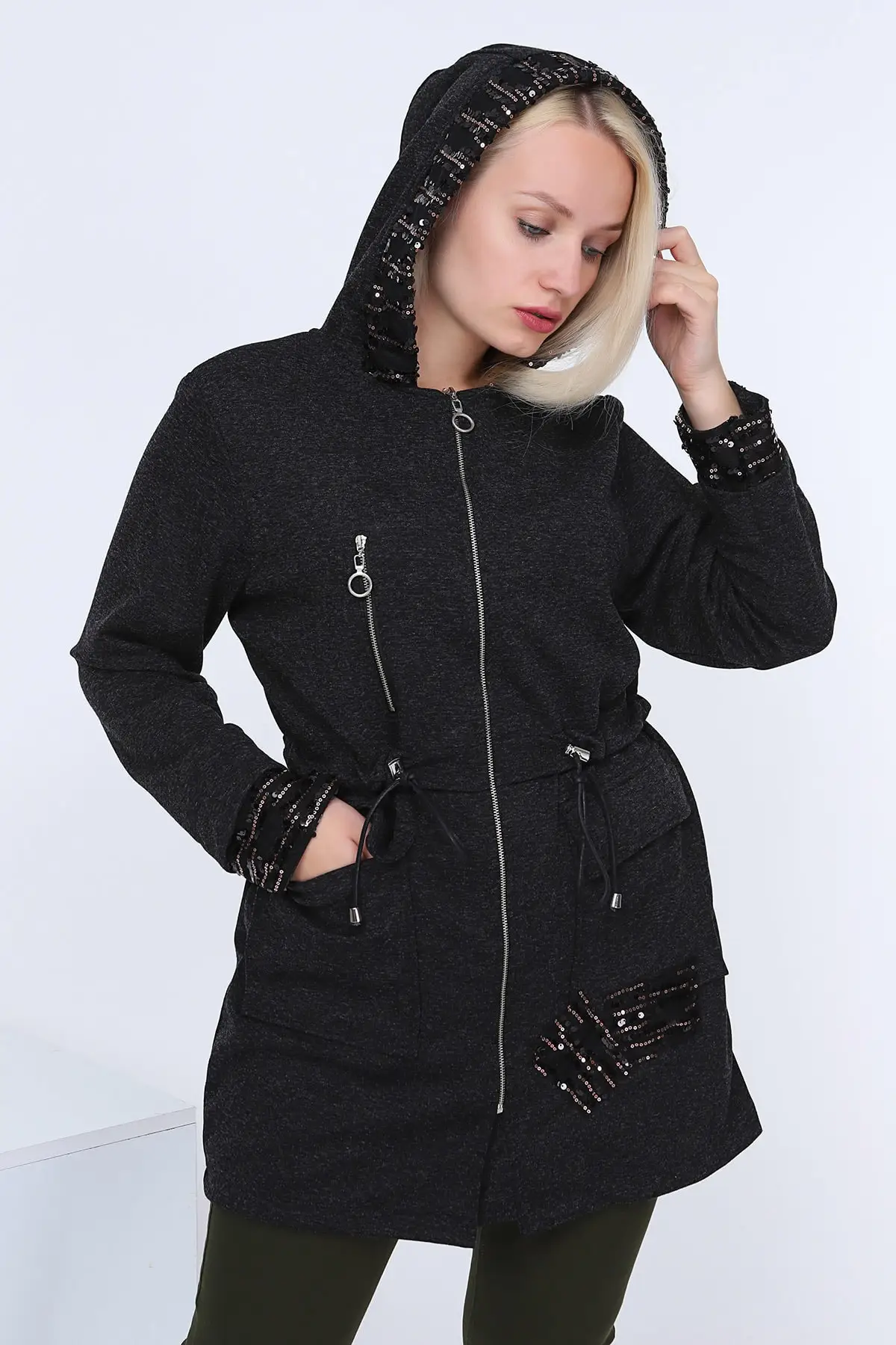 RMG Women Spangle Sequin Embroidered Trench Coat 9707