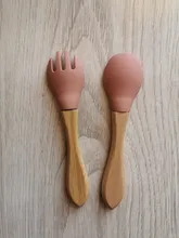 Bopoobo-tenedor de bambú para bebé, cuchara de alimentación de bebé de madera de silicona, accesorios de alimentación para niños pequeños, grado alimenticio orgánico sin BPA, 2 uds.