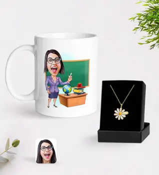 

Personalized Women 'S Teacher Caricature Of Mug And Daisy Necklace Gift Seti-1