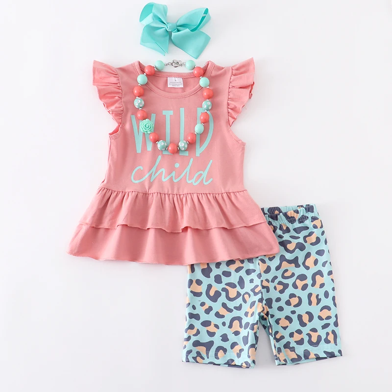 Girlymax Summer Baby Girls Children Clothes Shorts Set Leopard Cow Floral Outfits Ruffles Boutique Kids Clothing baby suit