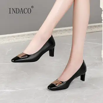 

2020 Autumn Pumps Women Leather Black Low Heel Shoes Metal Buckle Square Toe Office Shoes 6cm