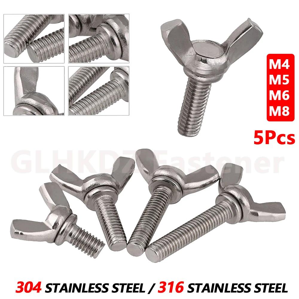 

5pcs M4 M5 M6 M8 Butterfly Wing Screw Thumb Screws Wing Bolts Hand Tighten Toolless Adjust A2 304 A4 316 Stainless Steel DIN316