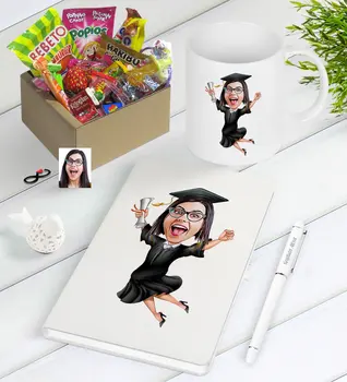 

Personalized Women 'S Graduated Caricature Of Nostalgic Lezzetler Notebook Pen Mug Gift set