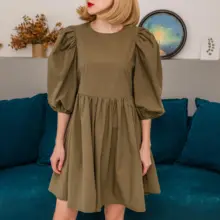 Mini Dress Lantern Short-Sleeve OOTN A-Line Pink Elegant Green Cotton Casual Women Ladies