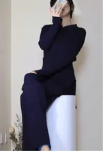 Suéter de Color sólido trajes de las mujeres conjuntos de gran tamaño pantalones de lana pantalones de rollo Collar de punto Top con mangas acampanadas 2021 Primavera Verano