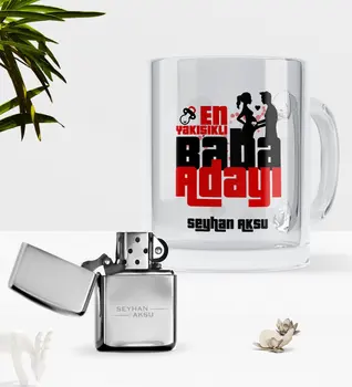 

Personalized Top Handsome Dad Nominee Glass Mug Cup Gasoline Metal Lighter Set
