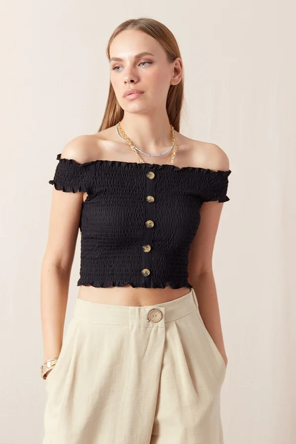 

Button Short Blouse-Black