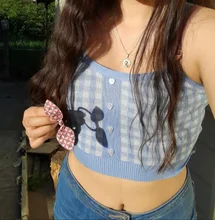 Simple Tops Camis Buttons Club Spaghetti Knitting Plaid HELIAR Sexy Women Solid Ladies