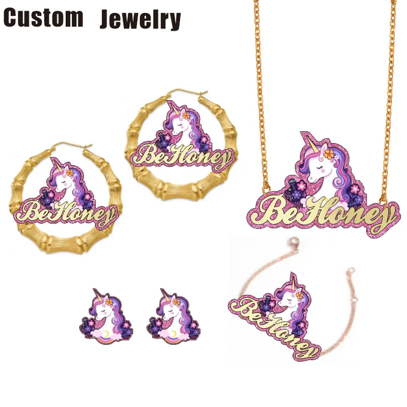 

Be Honey Personalised Custom Name Character Unicorn Necklace Kids Bamboo Earrings Cartoon Bracelet Children Jewelry Set