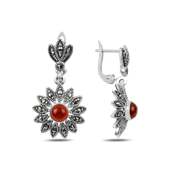 

KUTAYDAN Marcasite & Red Agate Stone Dangle Earrings 925 Sterling Silver