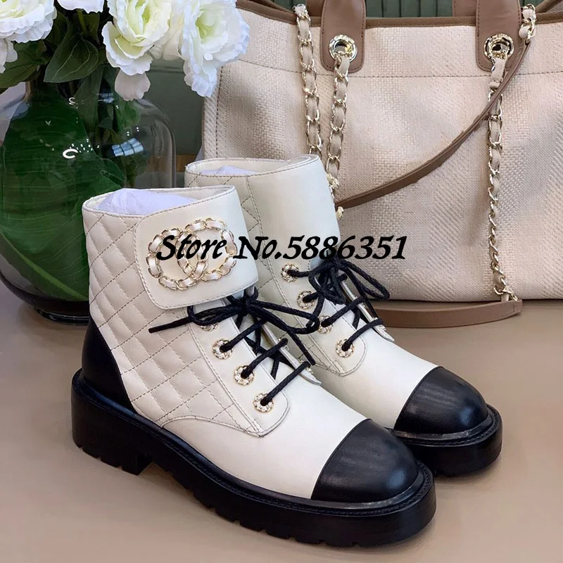 Купить plaid Real Leather Boots Women Ankle Round Toe Flat Heel Short Booties Lace Up White Boos High Quality Autumn  Обувь | Женские полусапожки (1005001269907936)