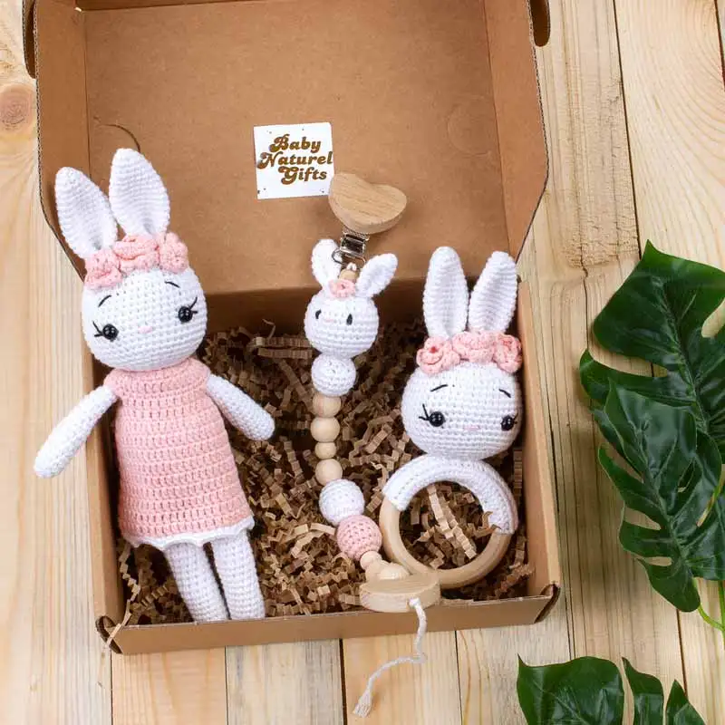 

Pink Girl Baby Amigurumi 3Pcs Rabbit Handmade Newborn Mom Pregnancy Boys Babies Gift Box Organic Knitted Rattle Pacifier Strap