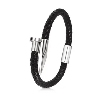 

Angemiel Men Leather Black Mesh Gray Nail Titanium Bracelet