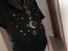 Women's T-Shirts Short-Sleeve Embroidery Black Top White Fashion-Star Korean Casual O-Neck