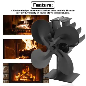 

4 Blades Heat Powered Stove Fan Log Wood Burner Quiet Black Fireplace Fan Eco Friendly Home Efficient Heat Distribution