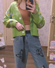 Estilo Preppy de punto con flores Cardigans suéter mujeres cuello en V suelto elegaht Thicked Pull Femme imprimir abrigo corto Casual